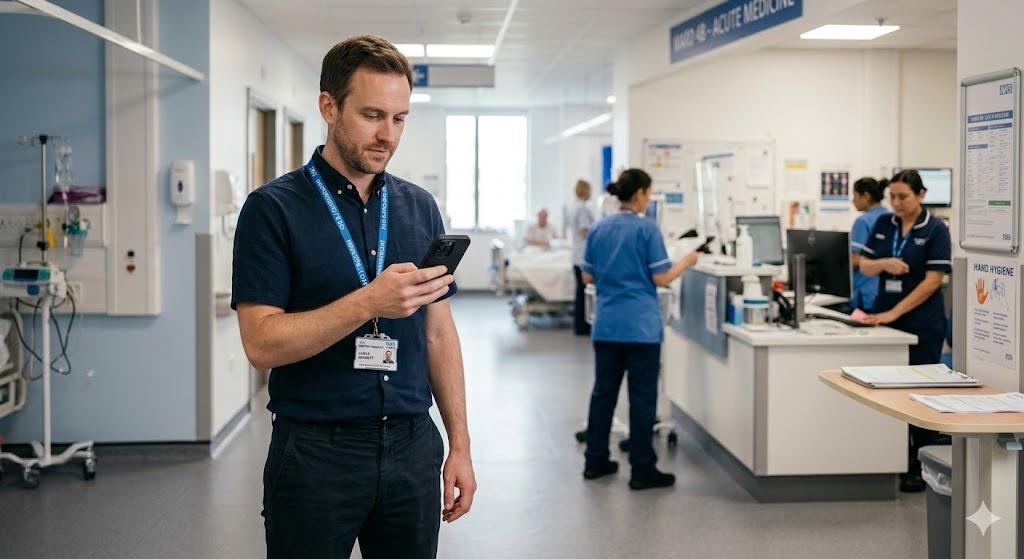 Staff member using phone on ward